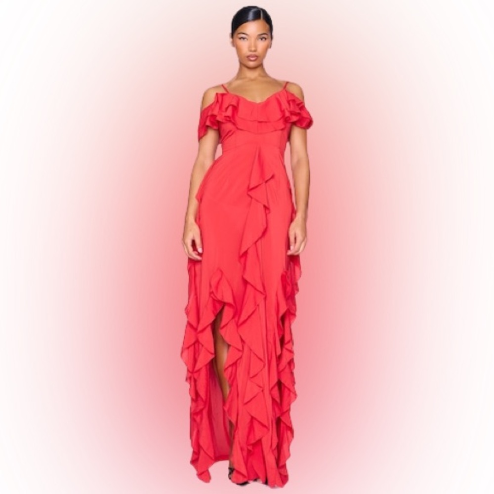 NWT PrettyLittleThing Red Cold Shoulder Ruffle Detail Maxi Dress – Size 8